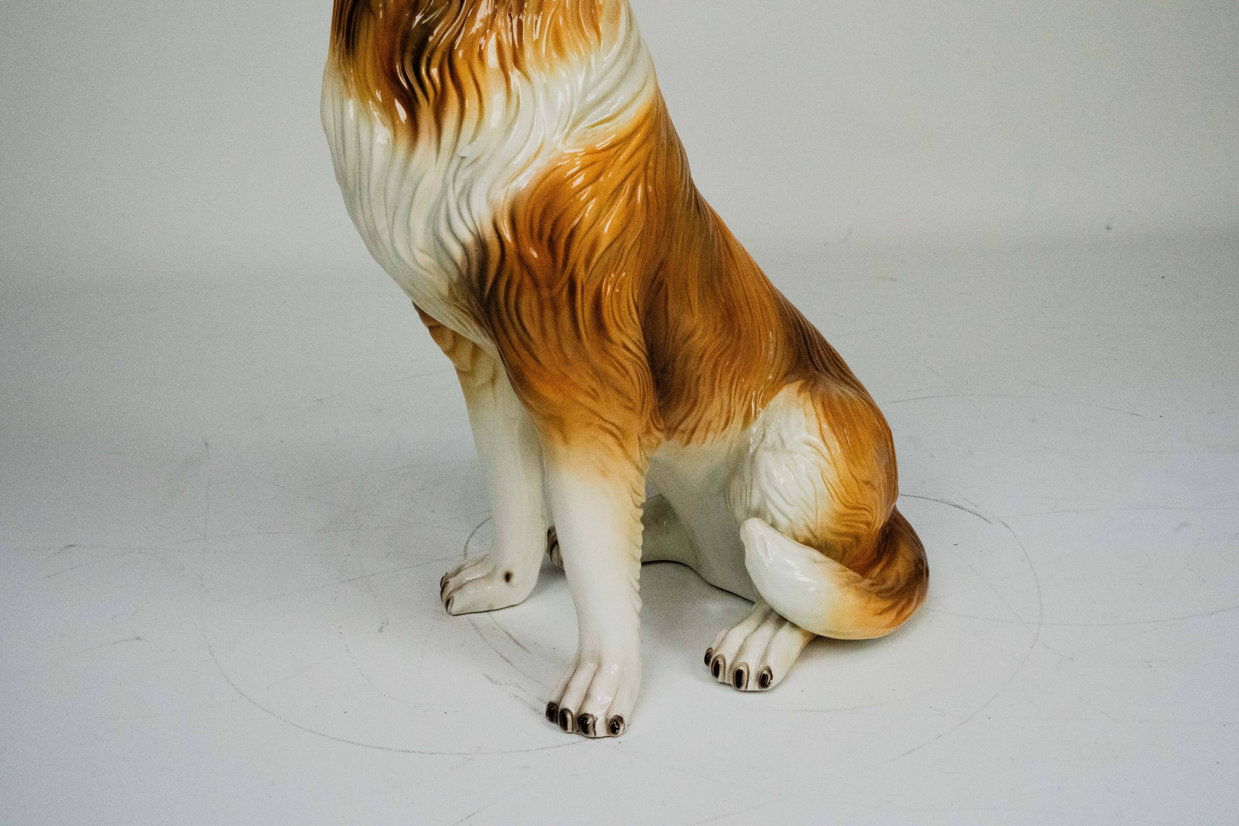Large Italian Ceramic Sitting Collie Dog Sculpture, 1970s
