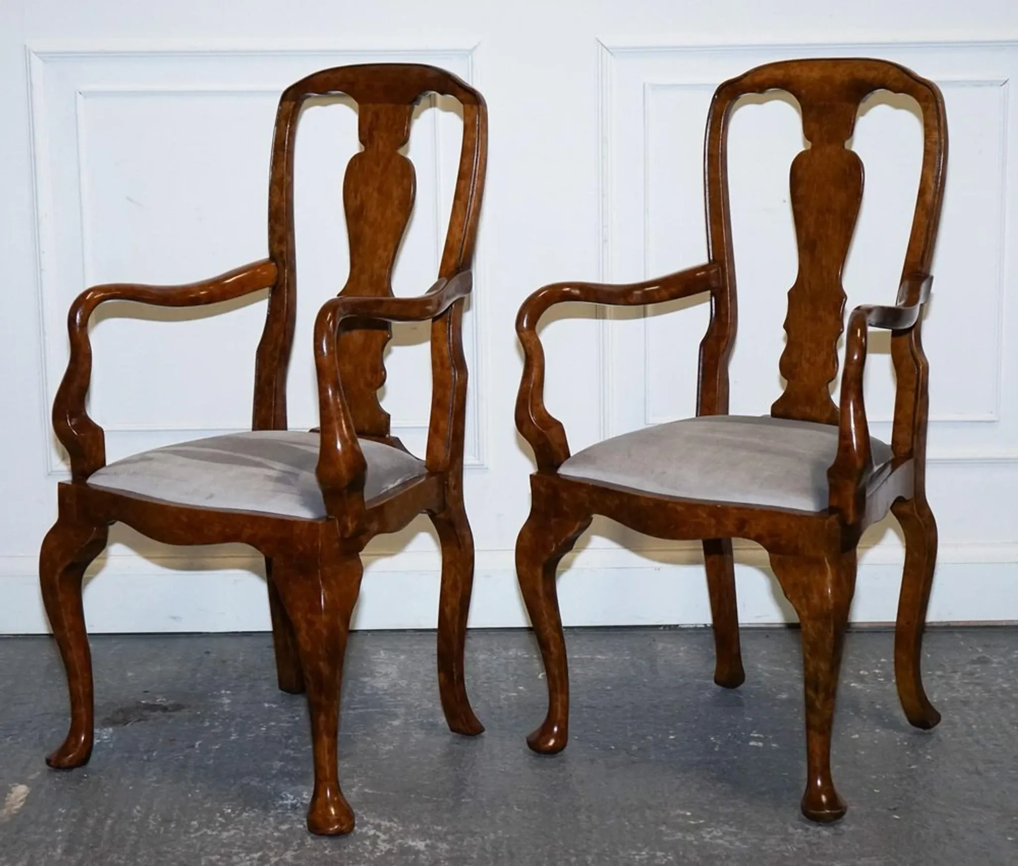 Art Deco Queen Anne Style Armchairs in Walnut Burl, 1920s, Set of 2