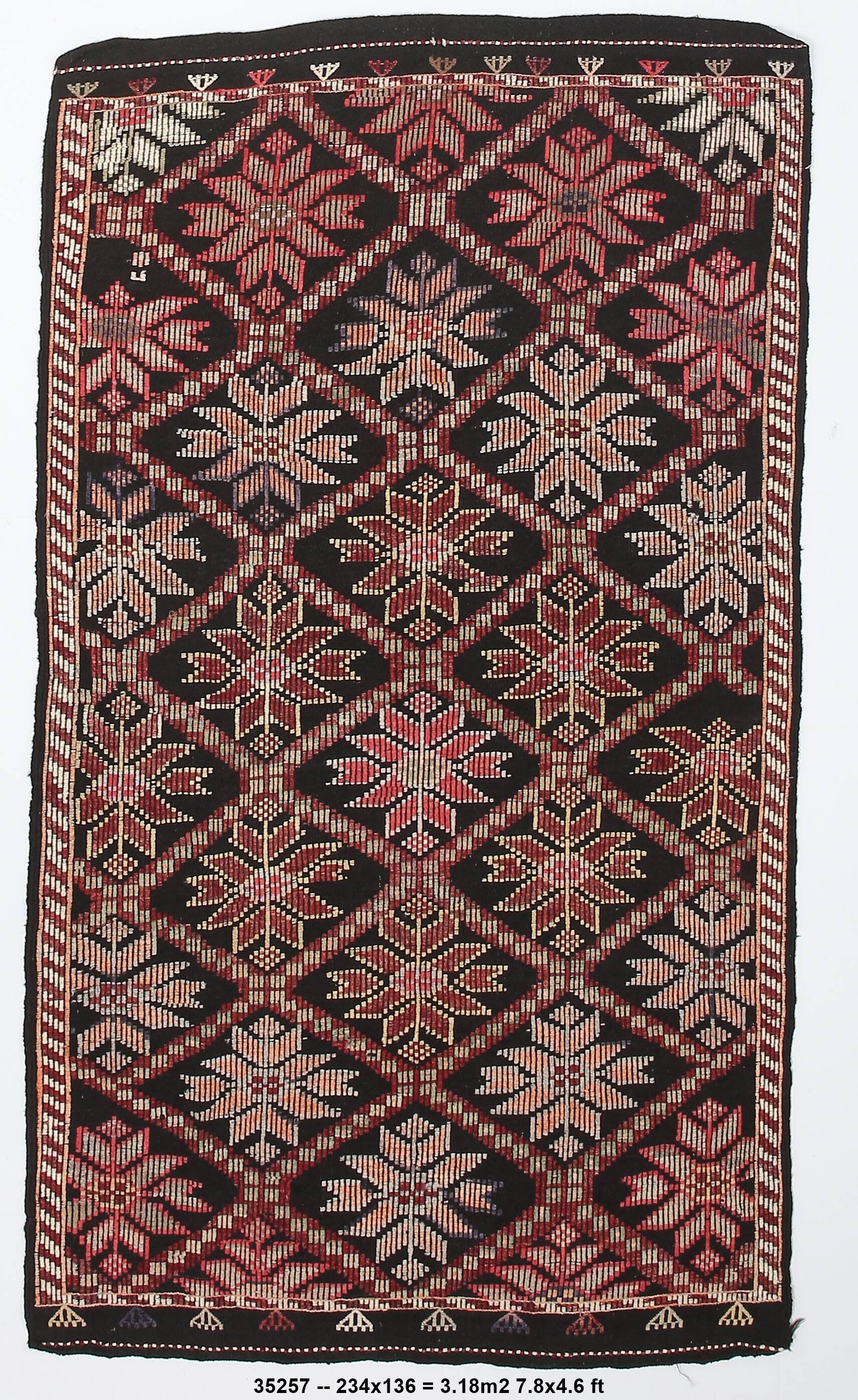 4x8 Red & Black Star Pattern Vintage Kilim Rug, 136x234Cm