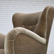 1960s, Danish armchair, green furniture velour, oak wood legs.