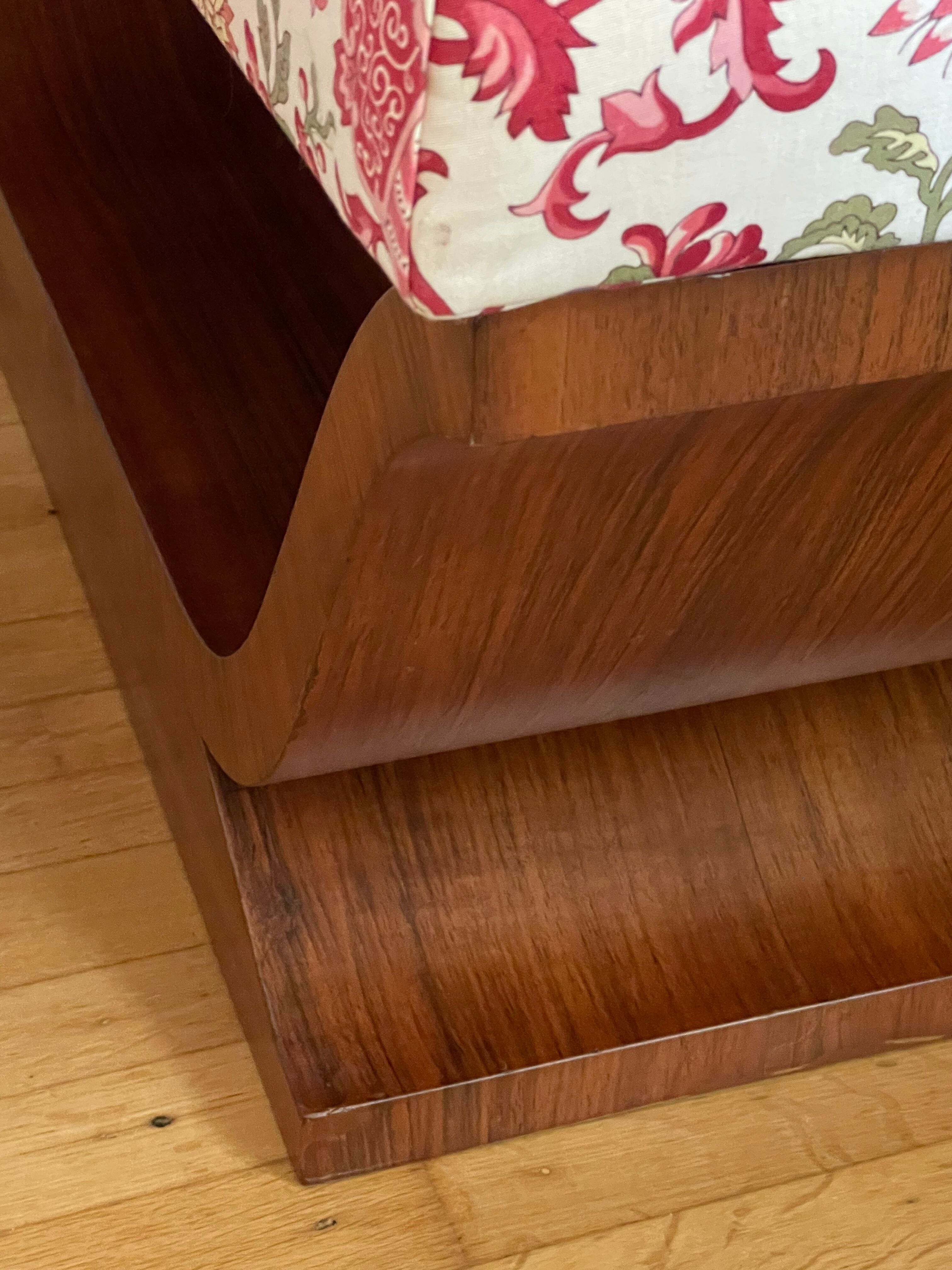 Art-deco walnut bench with floral fabric