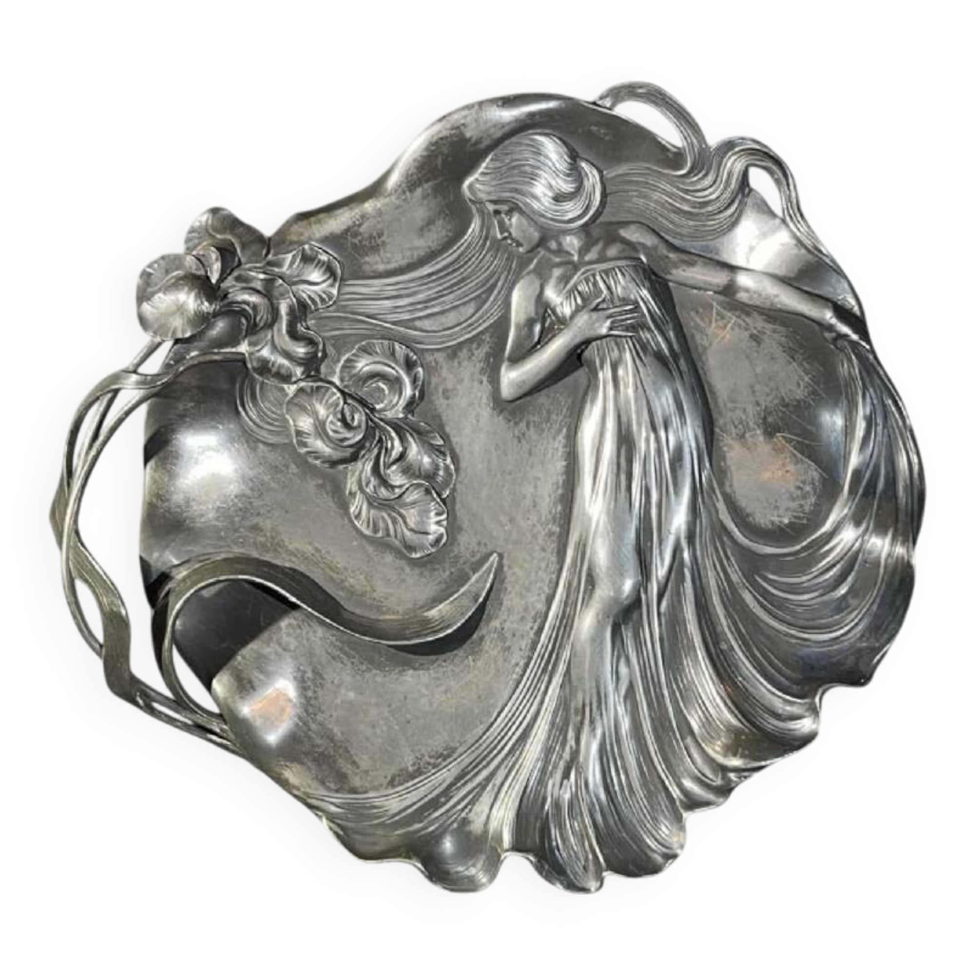 WMF "Woman with Irises" No. 290 Art Nouveau openwork tray, silver-plated metal, ca 1906