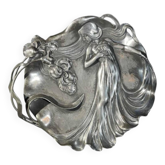 Vide poche WMF "Femme aux iris" N°290 ajouré Art Nouveau, métal argenté, ca 1906