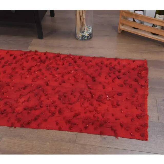 Vintage Turkish Hand-Knotted Wool Cotton Red Kilim Runner Rug 72x256