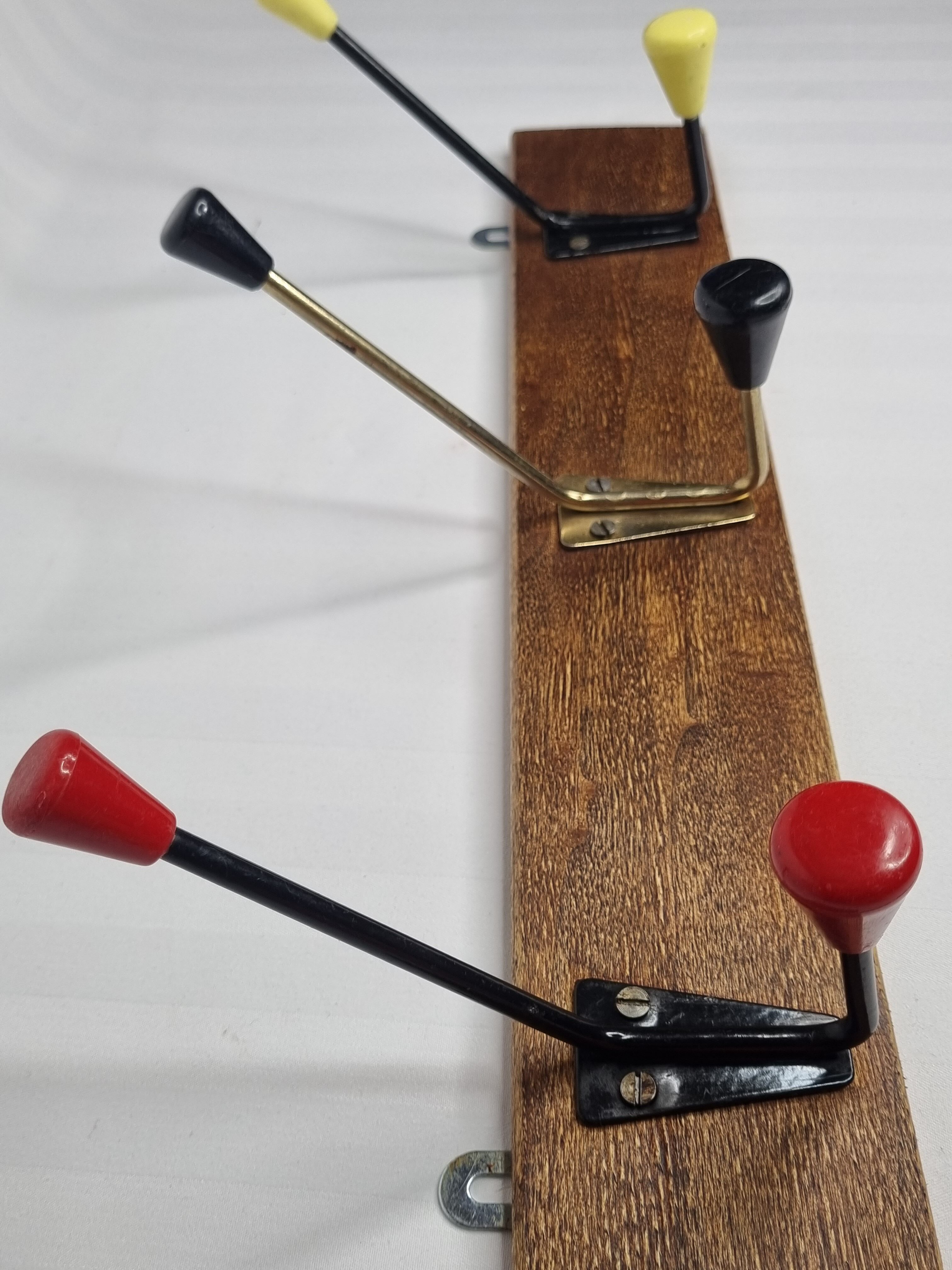 Vintage coat rack, three double tricolor hooks, 50-60s, 53 cm