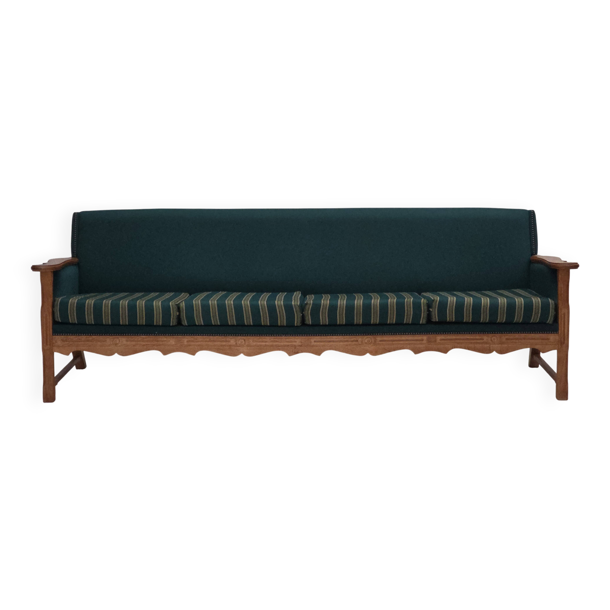 1970s, Danish 4-seater sofa, furniture wool, solid oak wood.
