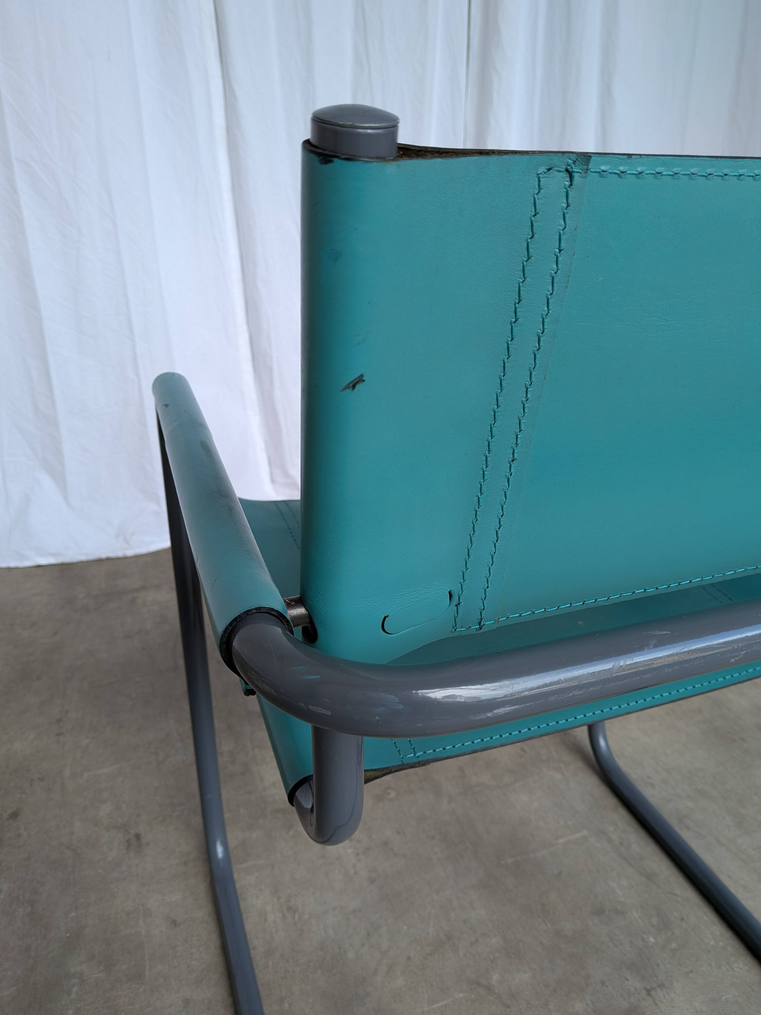 Vintage Mart Stam Style Armchair: Turquoise Leather, Black Chrome Cantileve