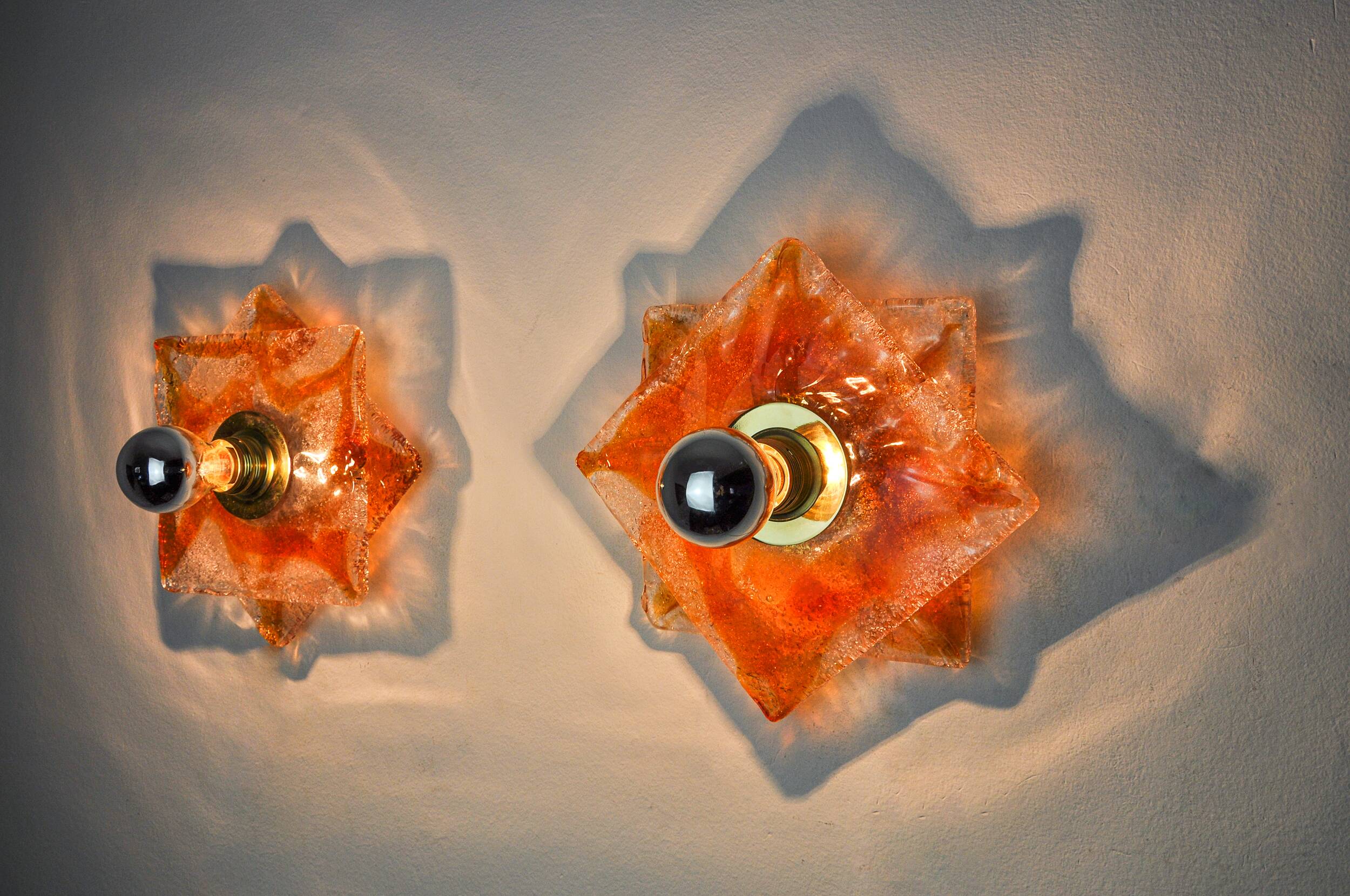 Pair of Murano Mazzega wall lights, orange frosted glass, Italy, 1970