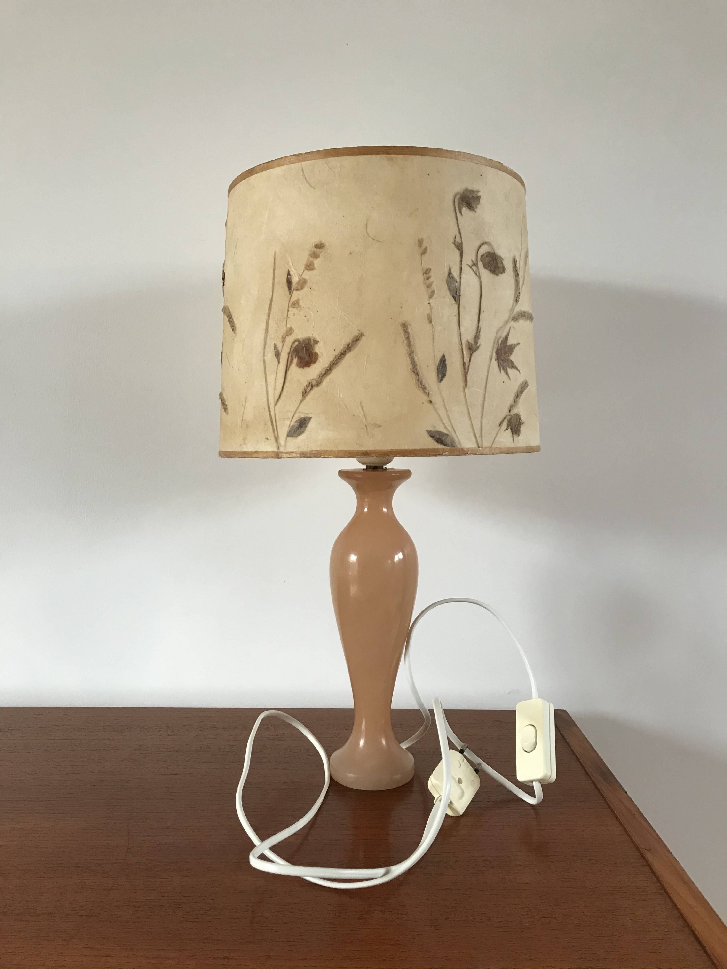 Pink alabaster lamp and dried flower lampshade 1970