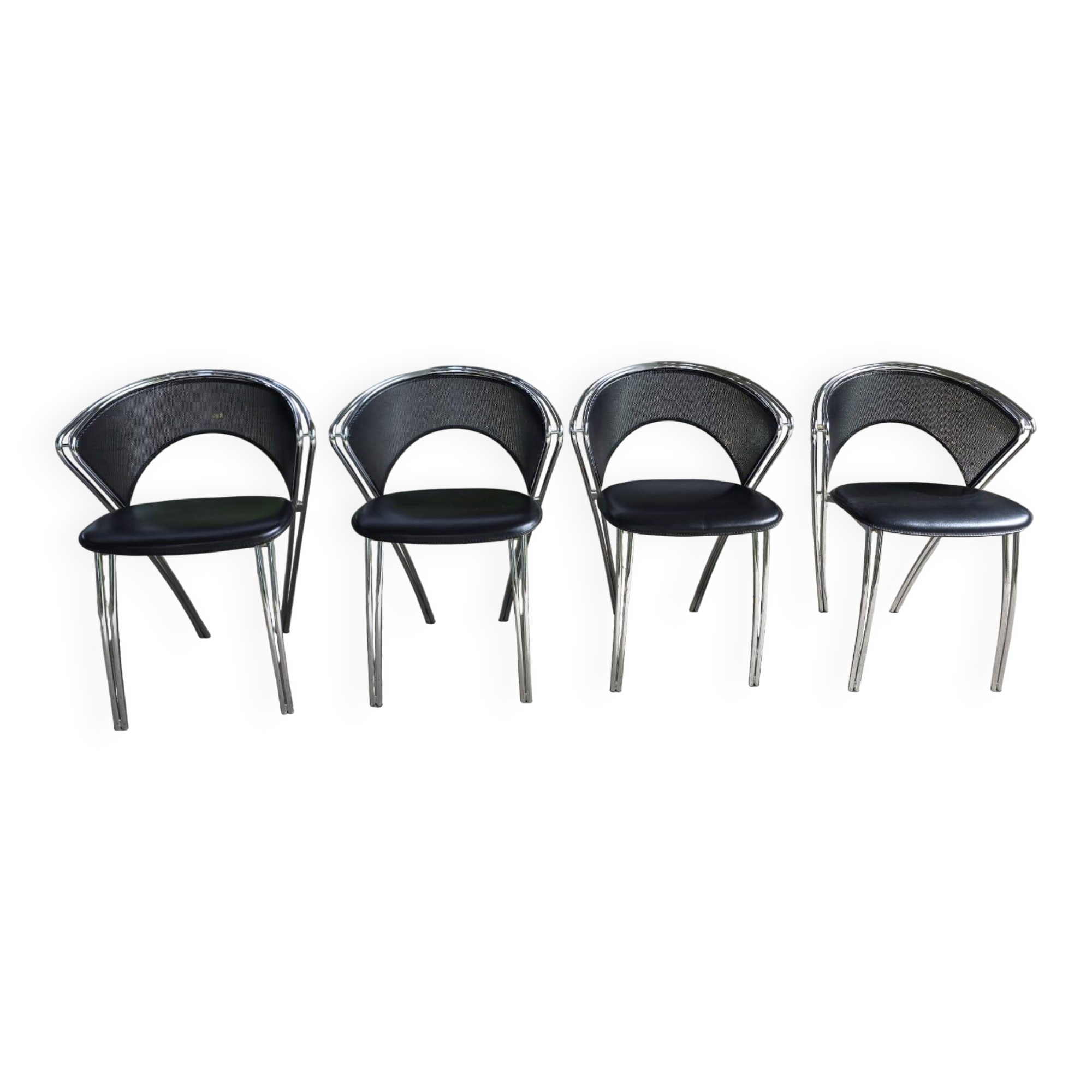 Set of 4 postmodern chairs with chrome and perforated mesh, Italy, 1980.
