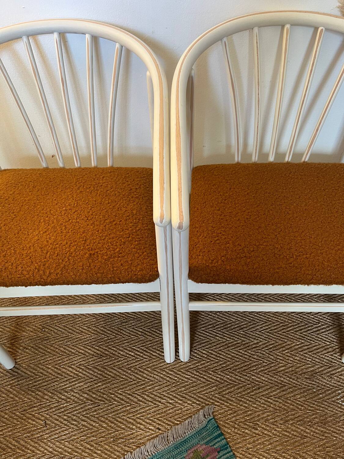 Pair of vintage wood and loop wool armchairs