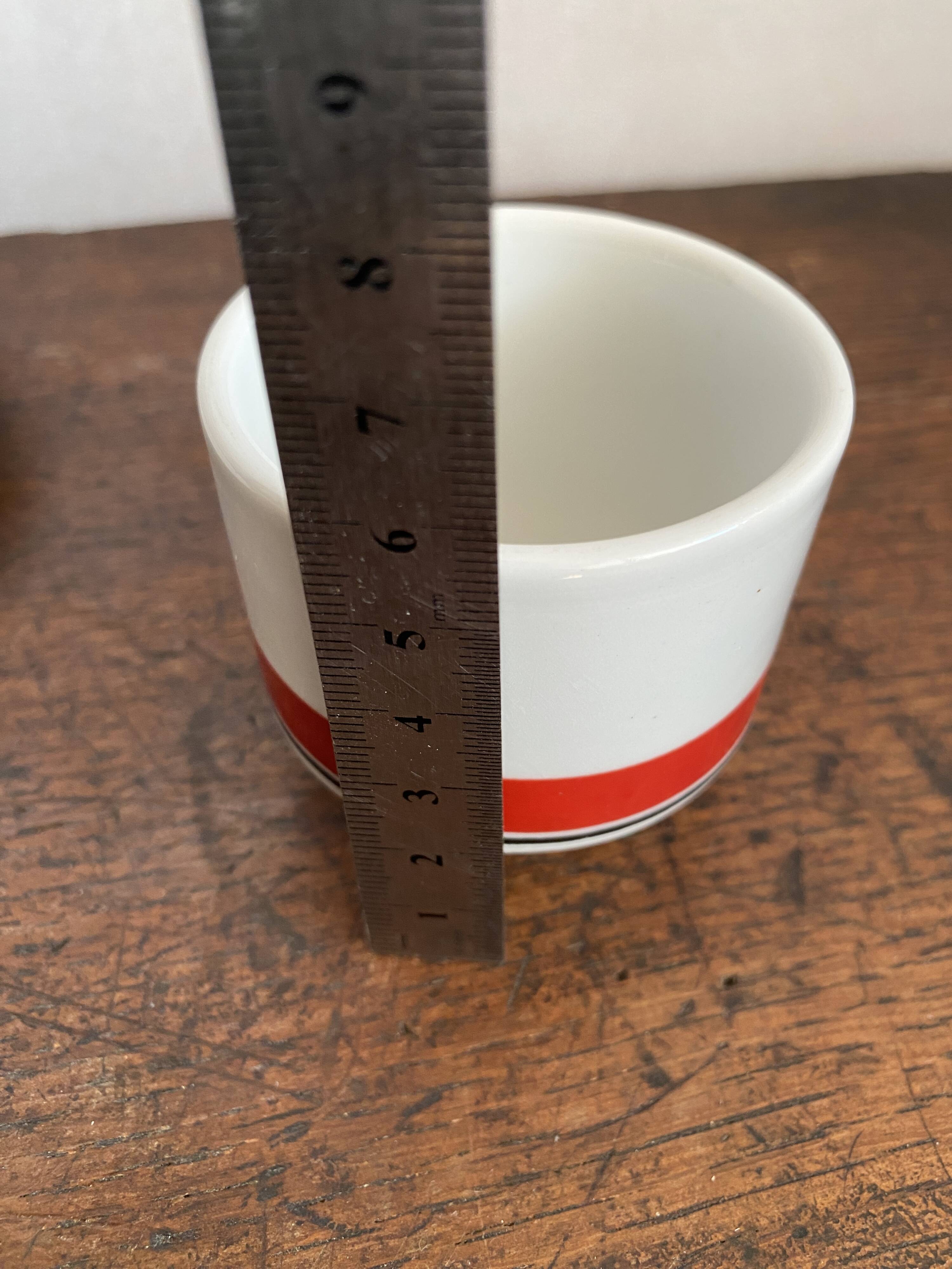 2 coffee cups and bistro saucers, Sarreguemines, vintage Red Band