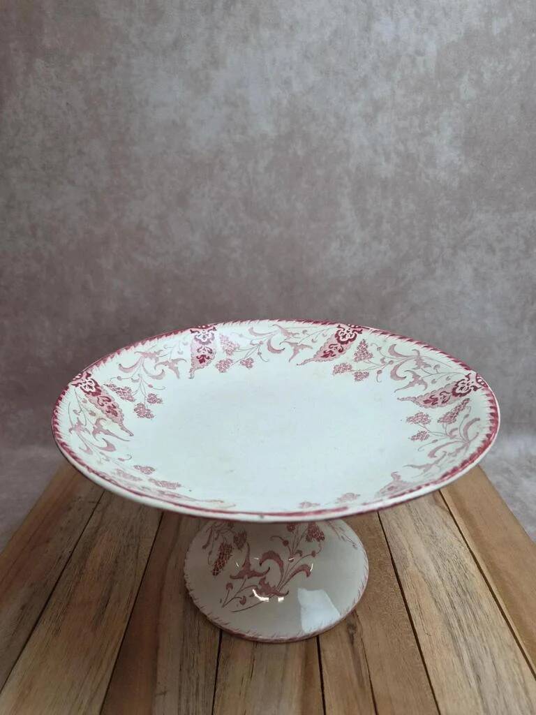 Antique compote dish Terre de fer Longwy Rambouillet model – burgundy decoration