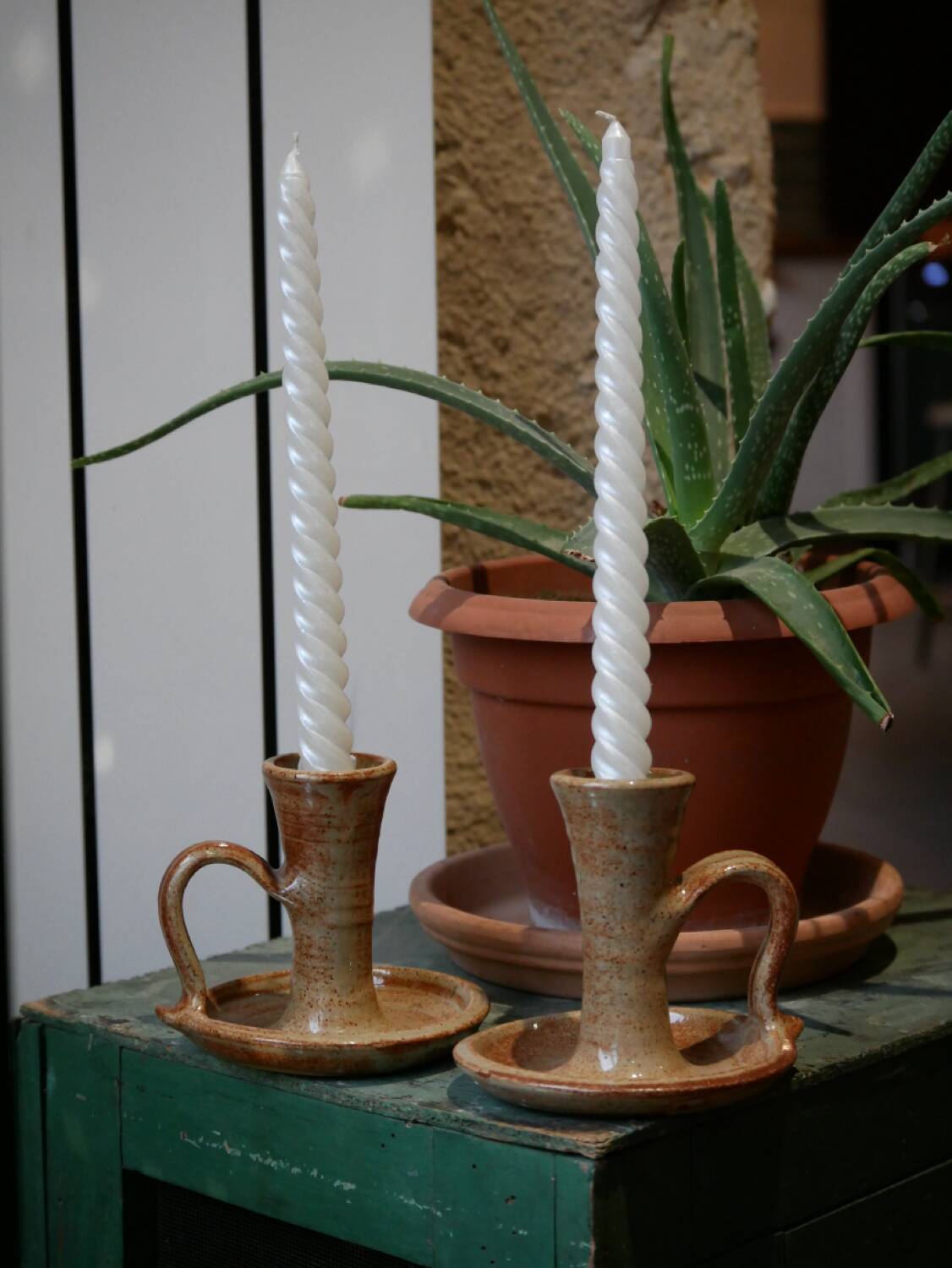 Stoneware candle holders - set of 2 (signed)