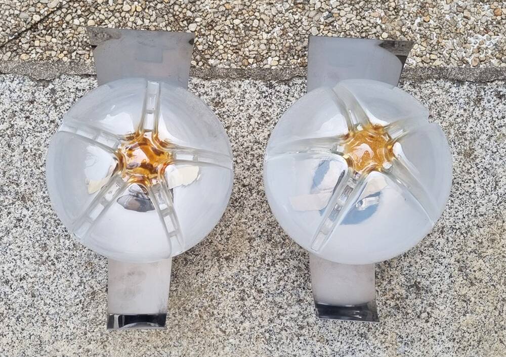Pair of steel and opaline wall lights, Vittorio Mazzega design, vintage, 70s