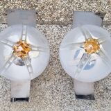 Pair of steel and opaline wall lights, Vittorio Mazzega design, vintage, 70s