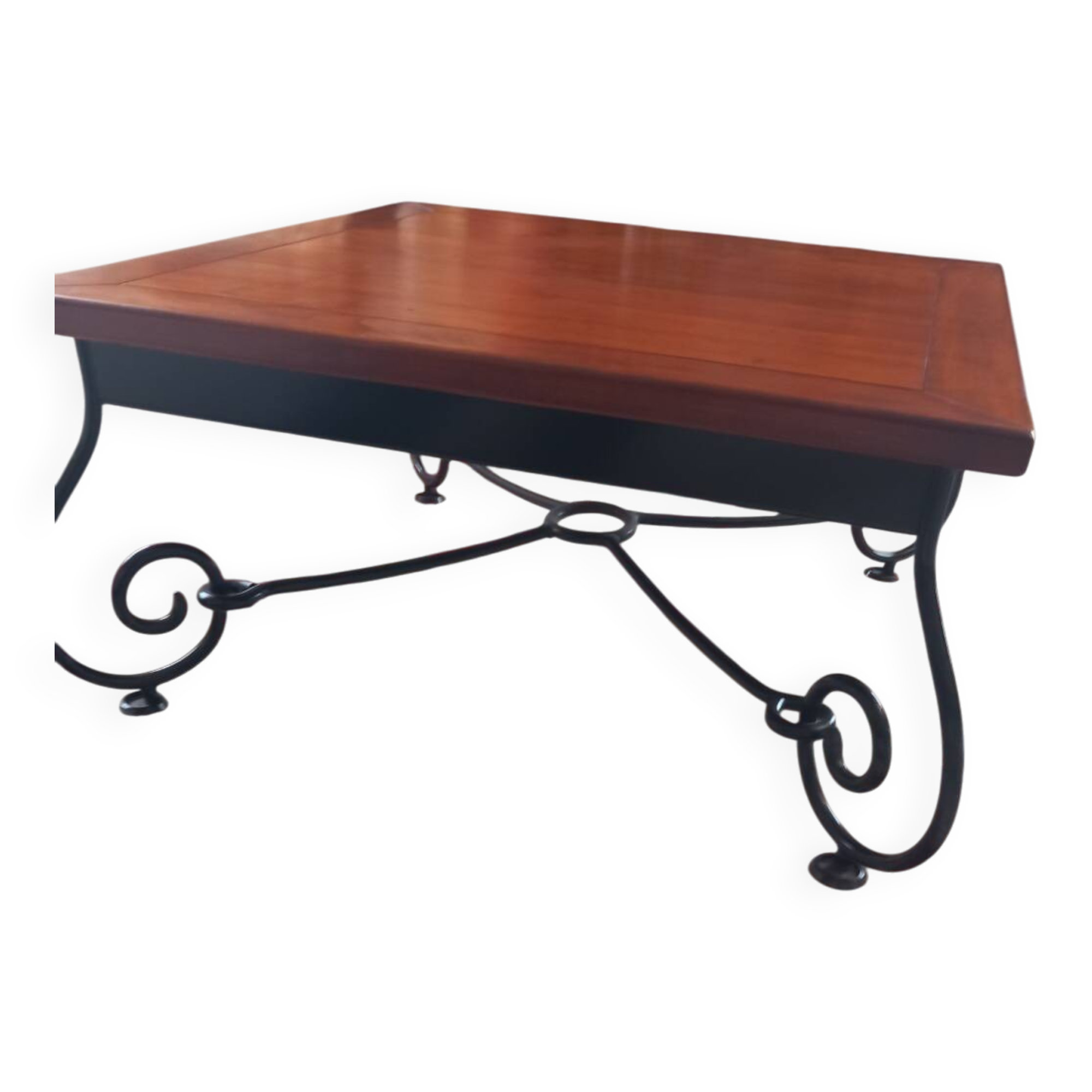 Coffee table in cherry wood with a wrought iron base.