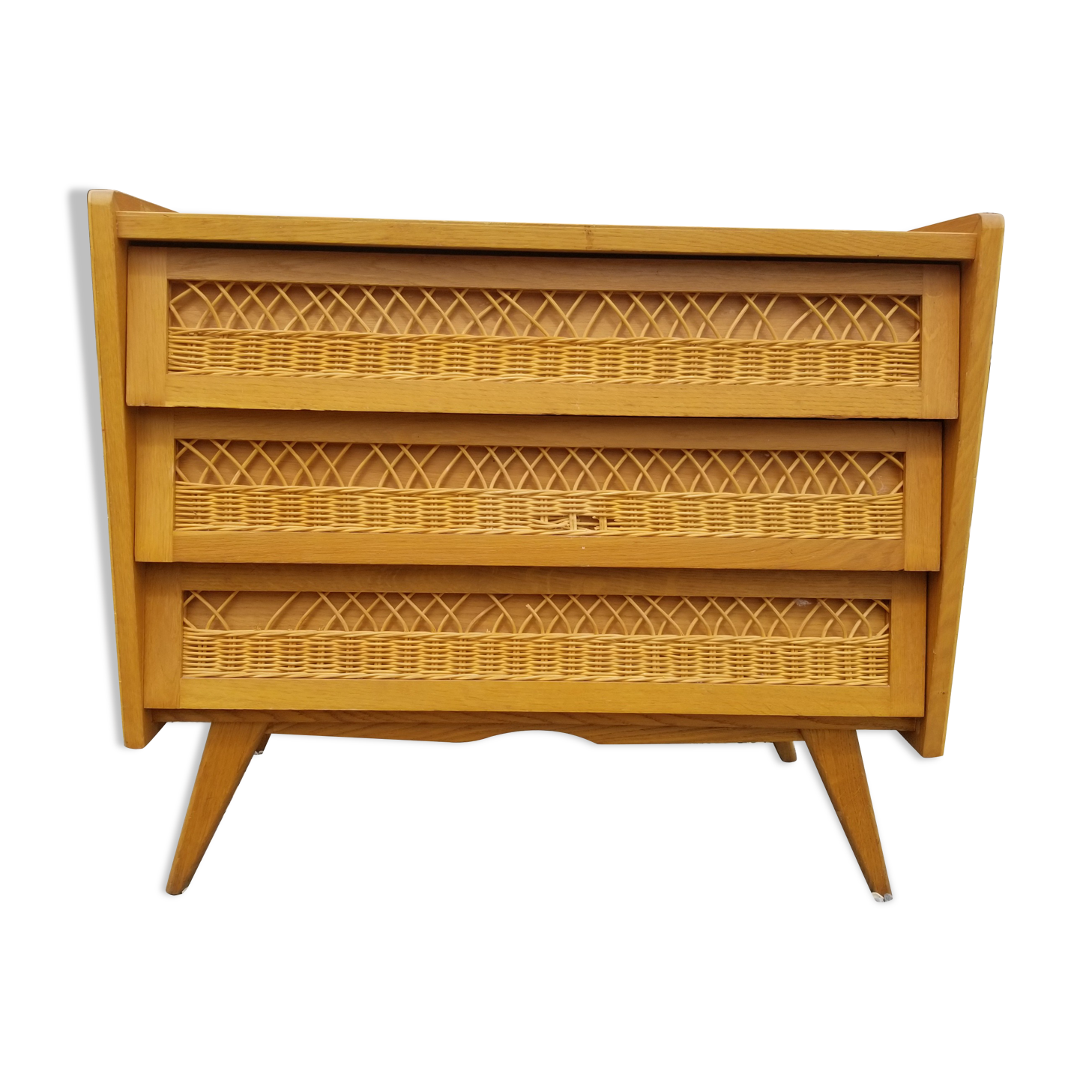 Vintage chest of drawers 3 drawers in oak and rattan - 60s