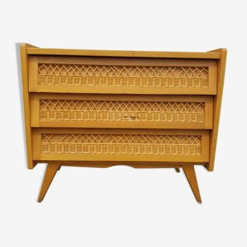 Vintage chest of drawers 3 drawers in oak and rattan - 60s
