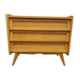 Vintage chest of drawers 3 drawers in oak and rattan - 60s