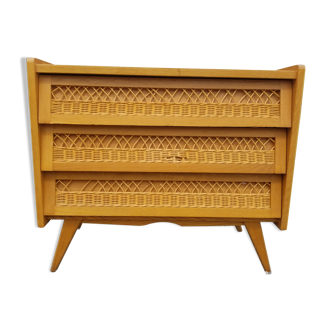 Vintage chest of drawers 3 drawers in oak and rattan - 60s