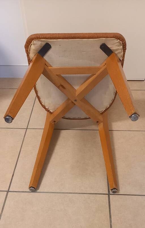 Set of 4 vintage chairs in solid beech and caramel faux leather.