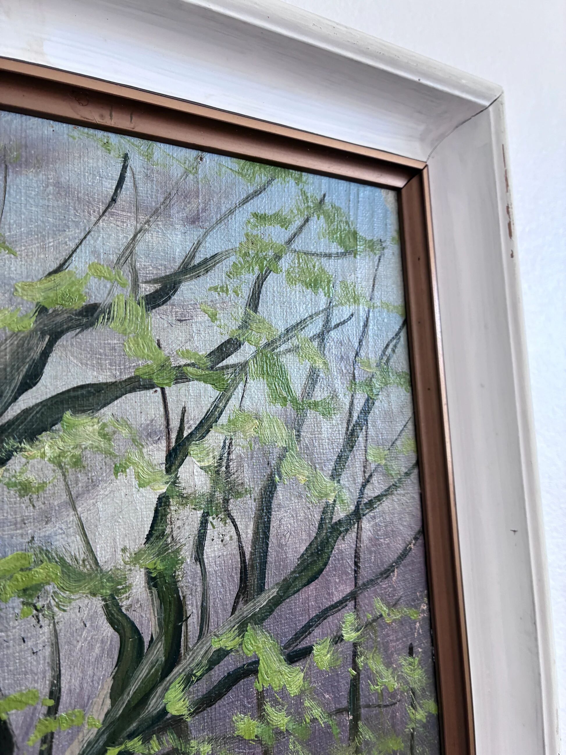 Vintage original forest landscape oil painting, circa 1960s