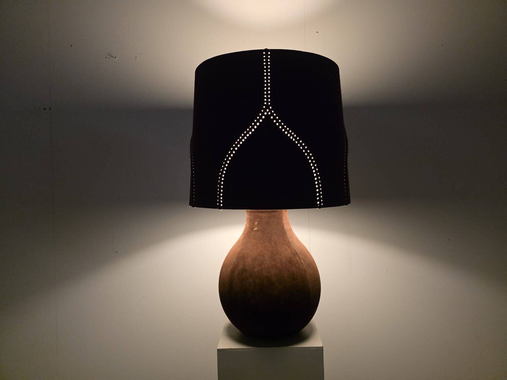 Large vintage suede table lamp with matching shade, 1970s