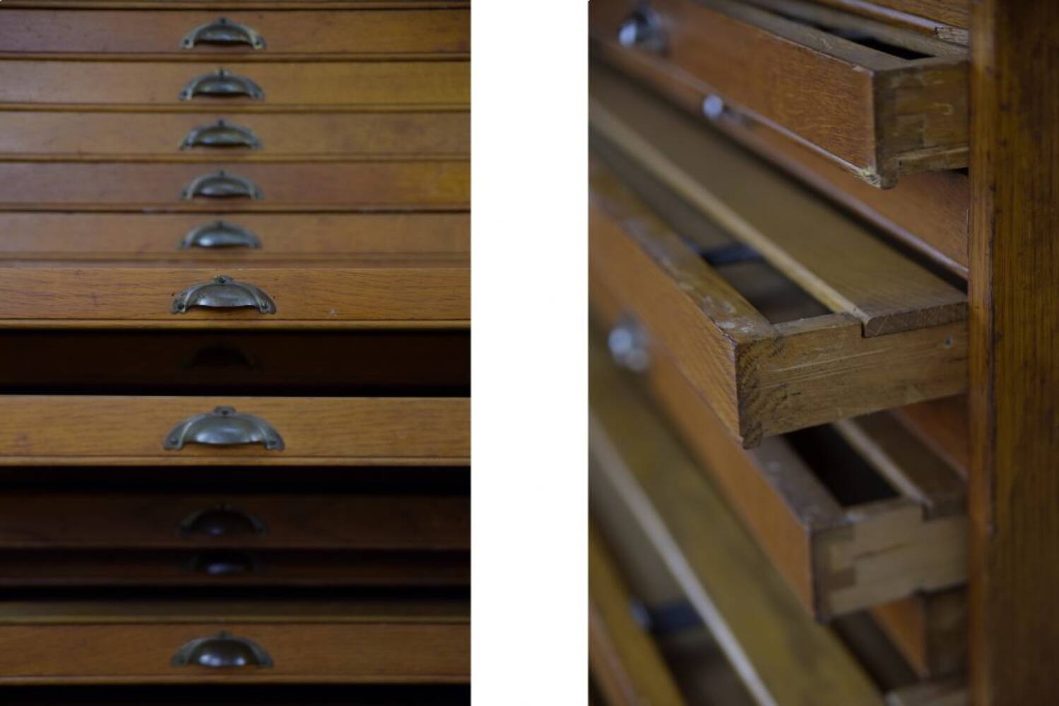 Vintage industrial oak filing cabinet with several drawers, 1930s.