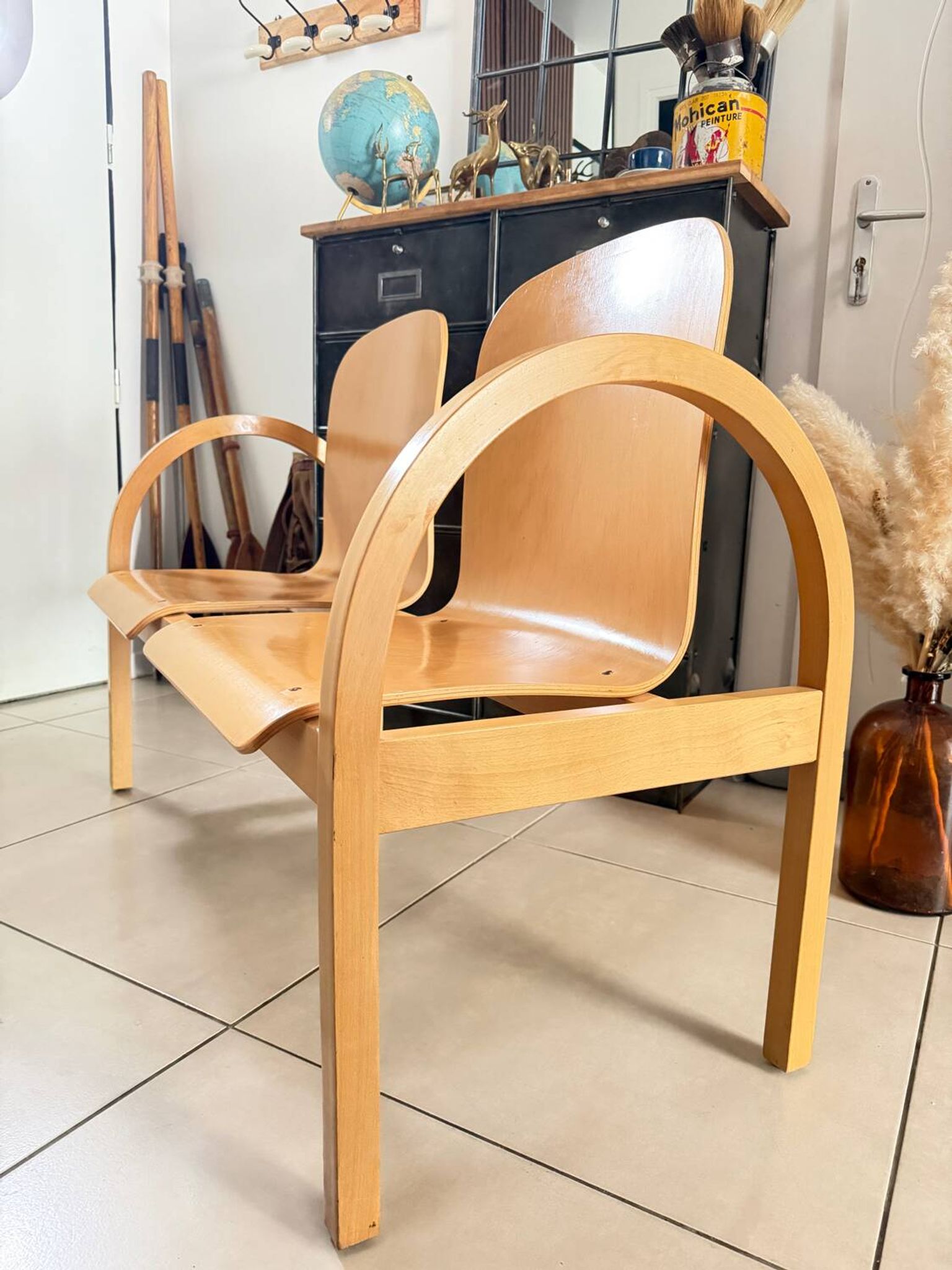 Vintage blonde wood two-seater bench by Baumann