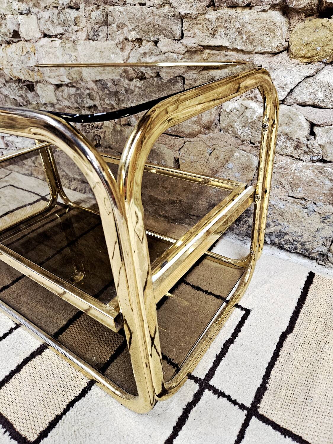 Brass coffee table with sliding top and smoked glass, 1970s vintage