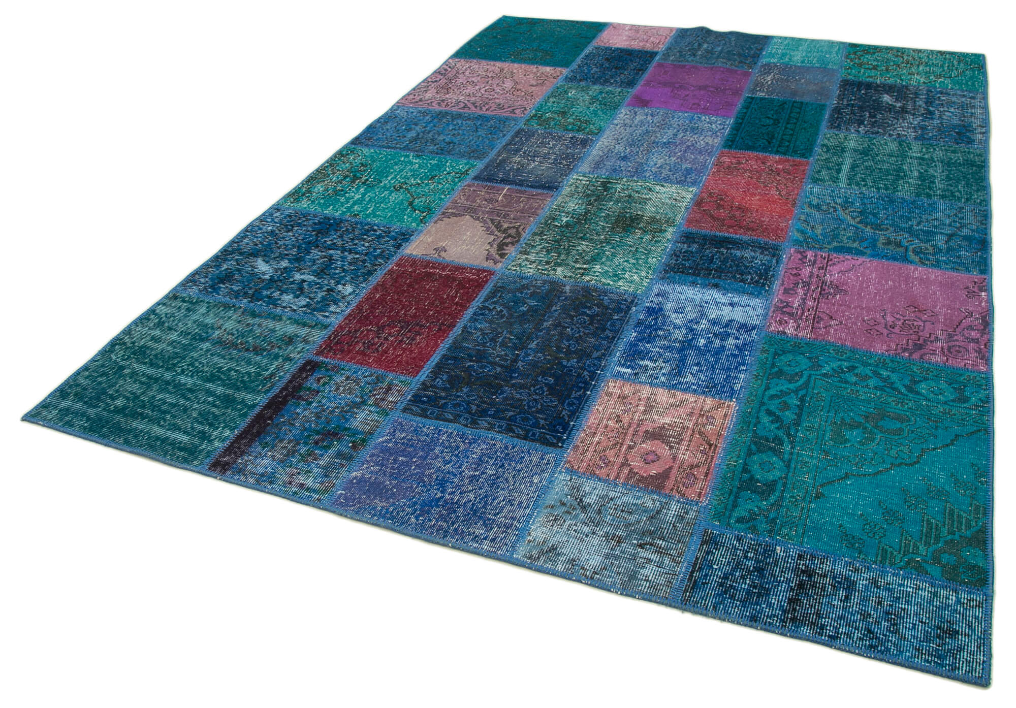 Handwoven oriental overdyed 200 cm x 295 cm blue patchwork carpet