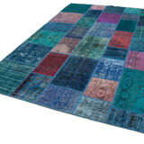 Handwoven oriental overdyed 200 cm x 295 cm blue patchwork carpet