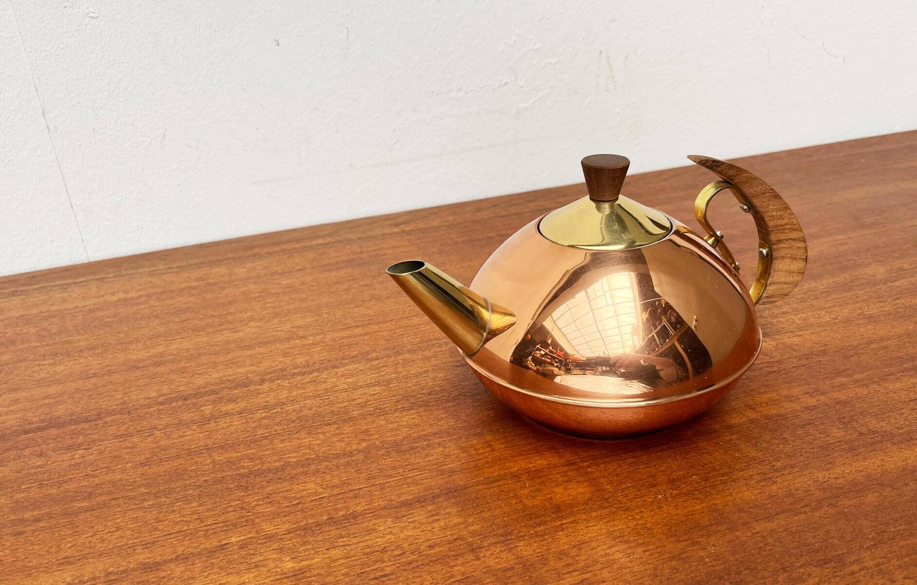 Metal and teak teapot from the mid-century, 1960s.