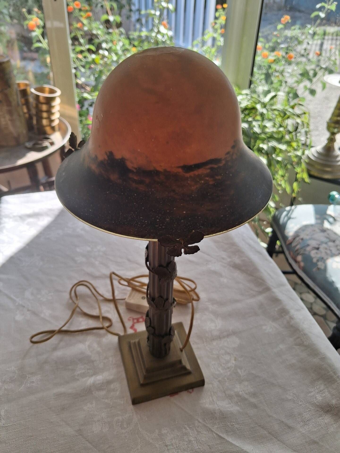 Mushroom lamp in glass paste and bronze Art Nouveau