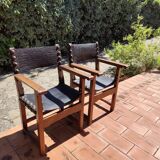 Pair of French Brutalist oak and leather armchairs 1920