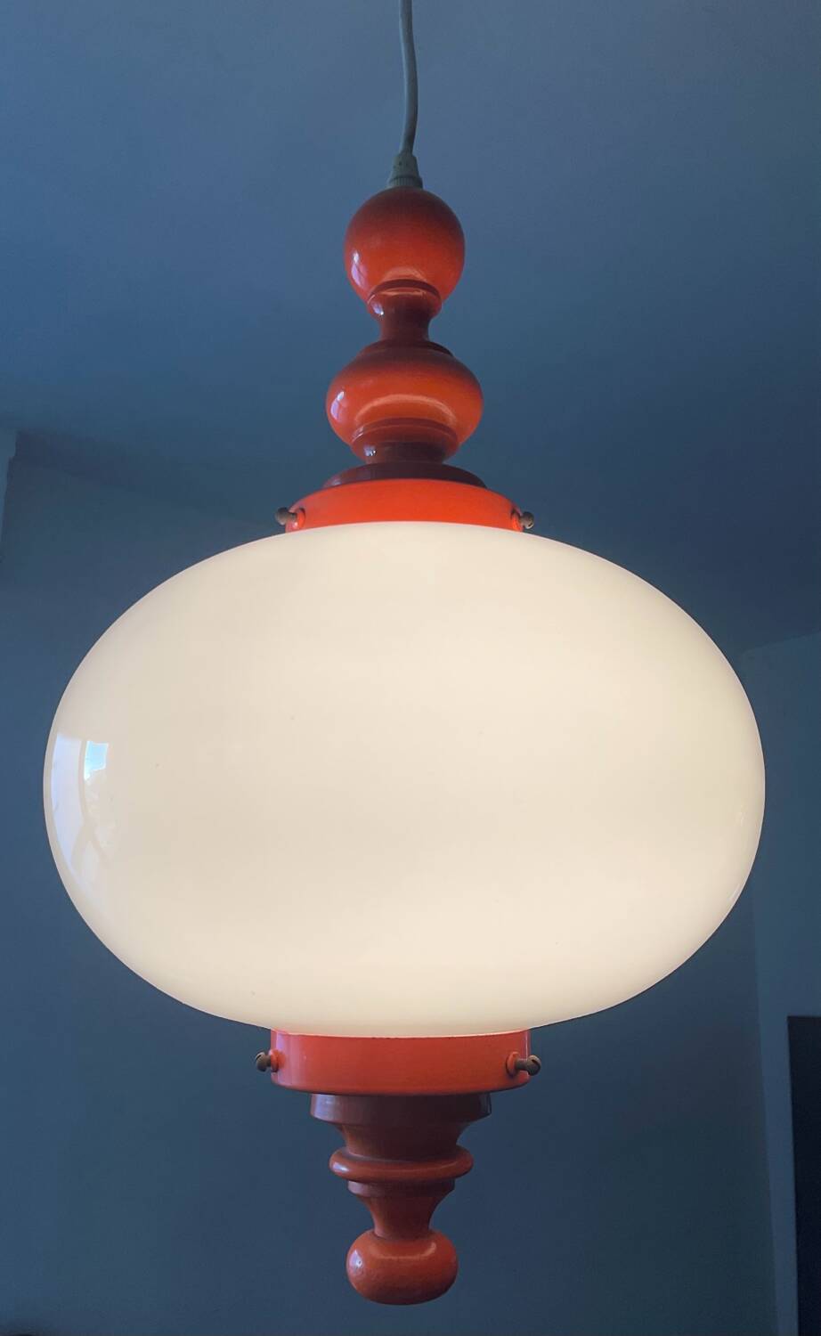 Space Age pendant light in opaline and wood