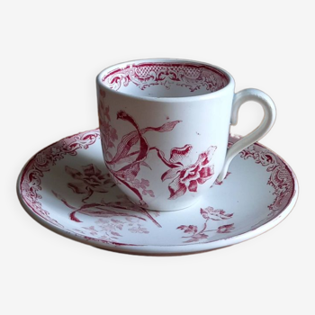 Tasse à café et soucoupe en faïence Terre de Fer Sarreguemines « Fontanges » rose.