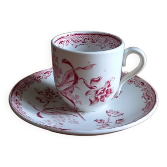 Tasse à café et soucoupe en faïence Terre de Fer Sarreguemines « Fontanges » rose.