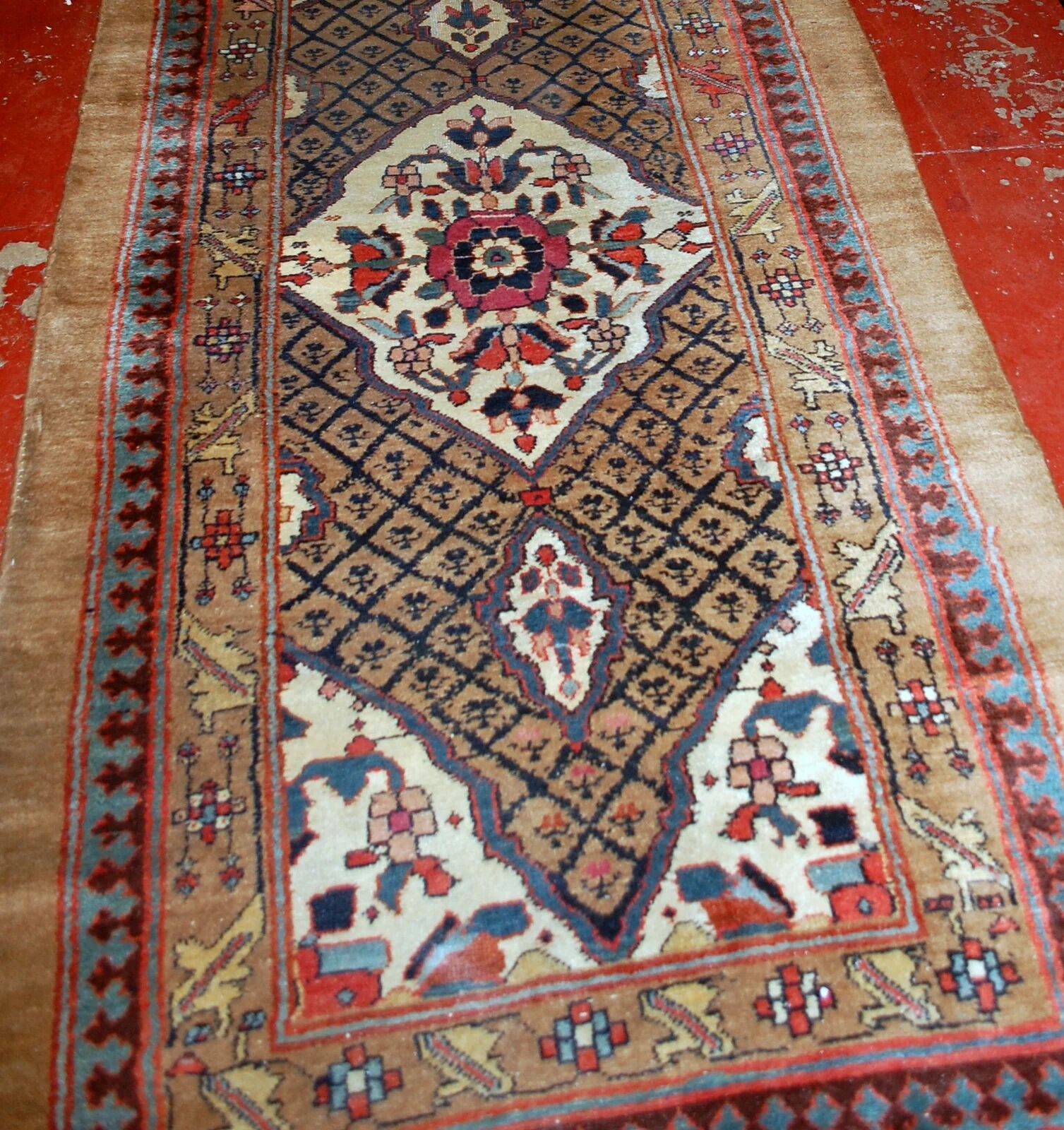 Handmade antique Persian camel hair runner 4' x 15.2' (122cm x 463cm) 1880s - 1B556
