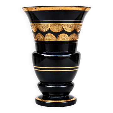 Superb Large Art Deco Ruppel Boom Vase – Black Glass with Fine Gold Gilding