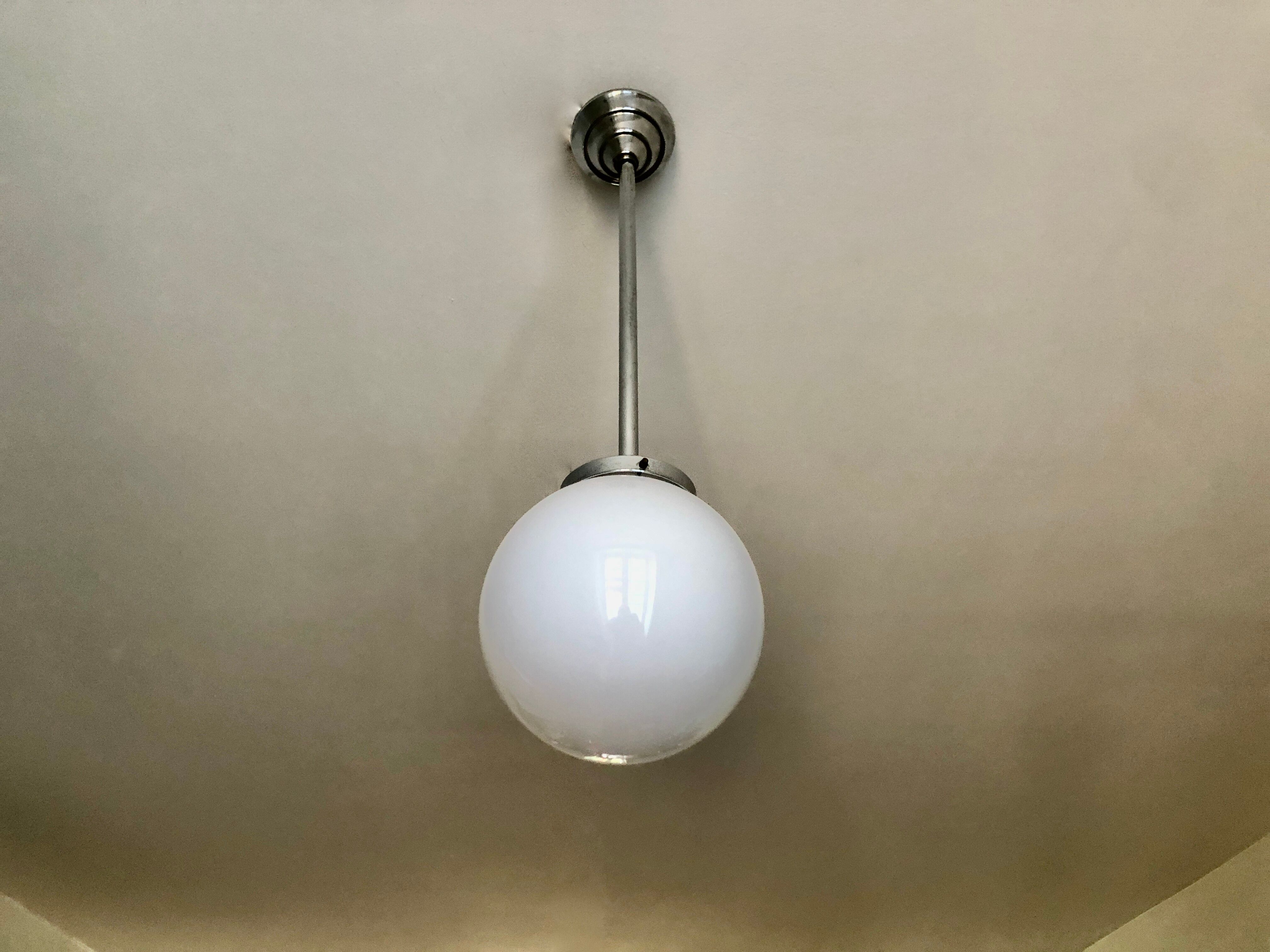 Minimalist chrome and opaline pendant lamp 1950