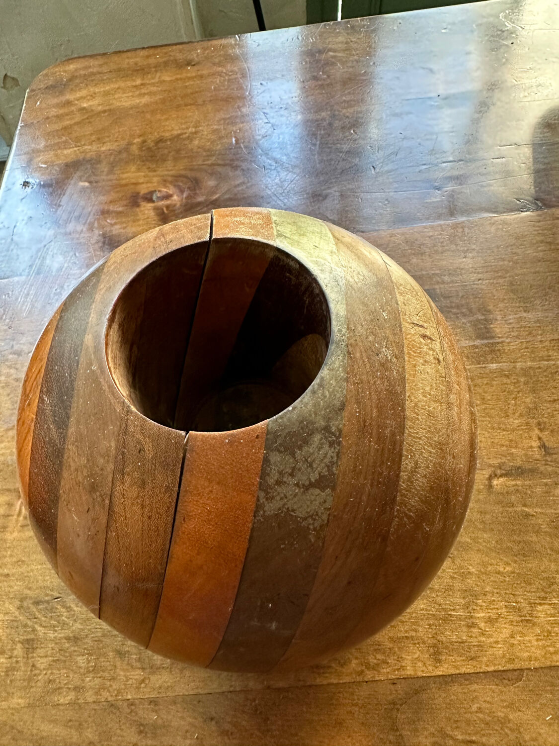 Large round wooden candle holder inlaid