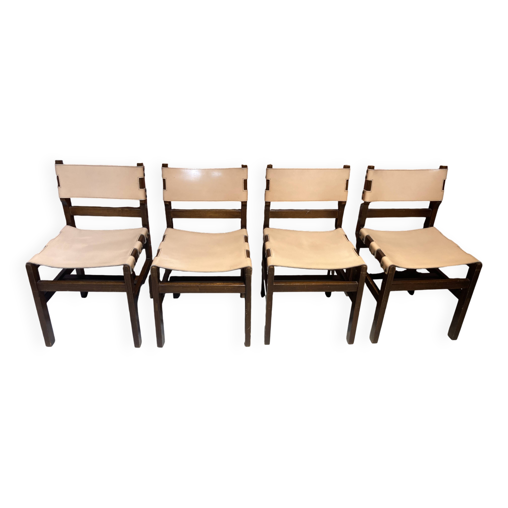 Set of four wooden and leather chairs from Maison Regain
