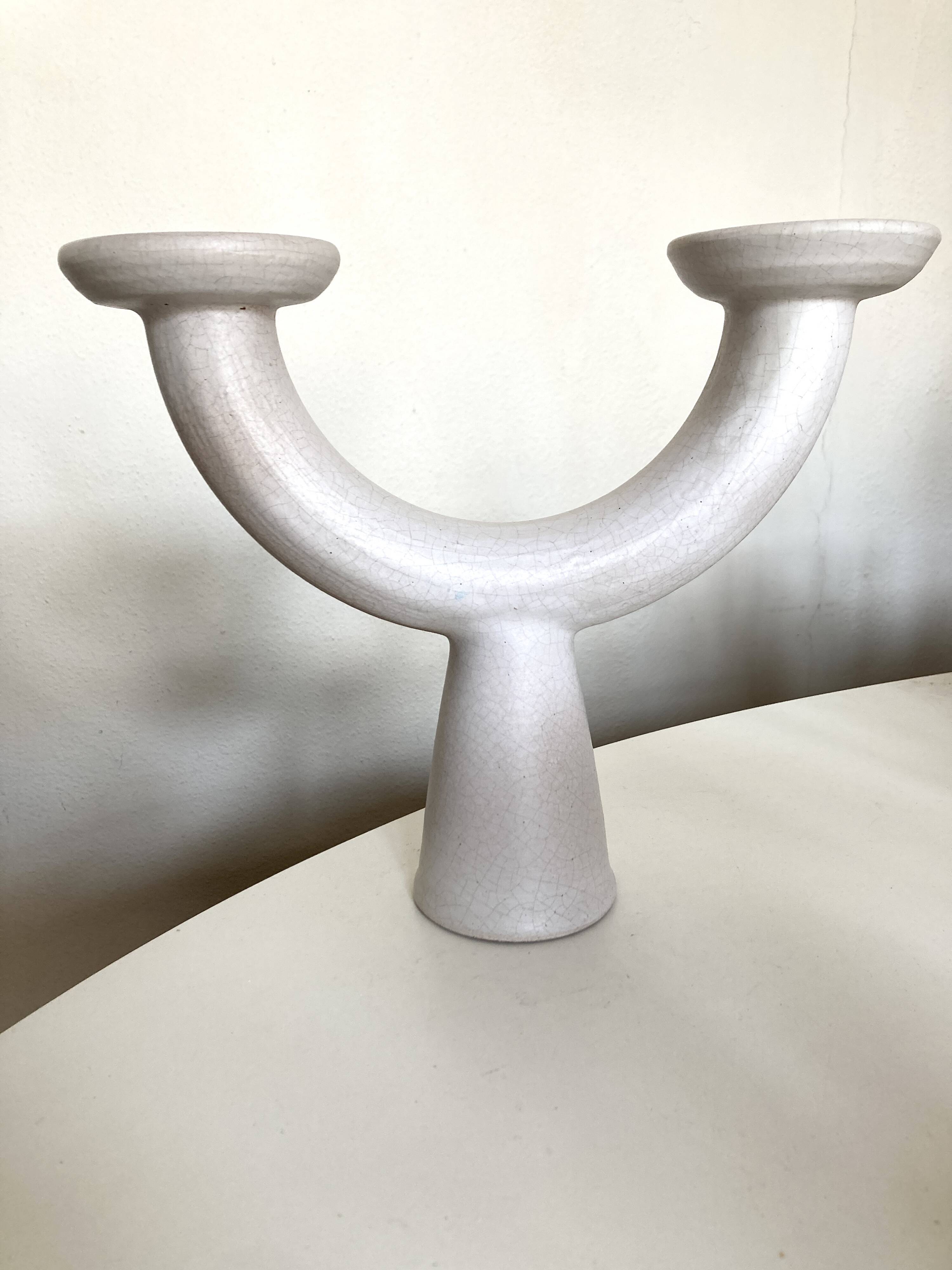 Brutalist candle holder made of white chamotte clay, 1980.