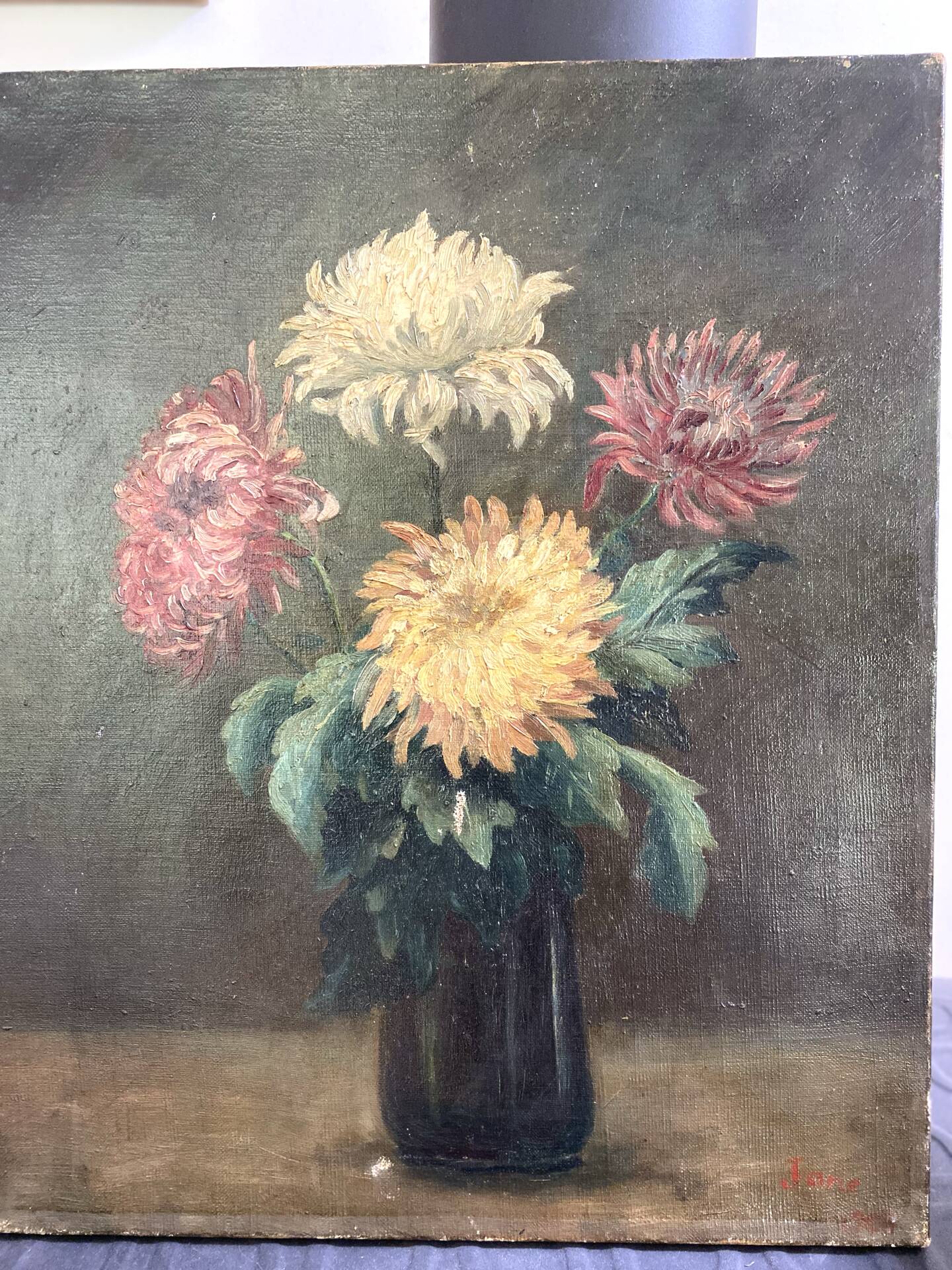 Old Painting Oil on Canvas Late 19th Century – Still Life with Chrysanthemums