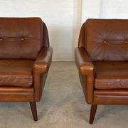 Vintage retro danish mid-century svend skipper club chairs in cognac leathe