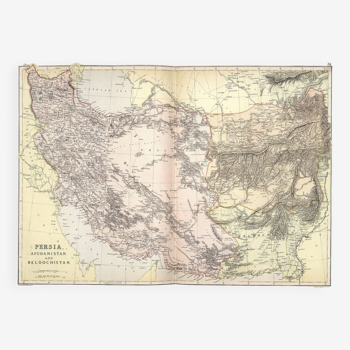 Carte antique de la perse (iran) afghanistan, baluchistan. golfe persique. carte caspienne 1886