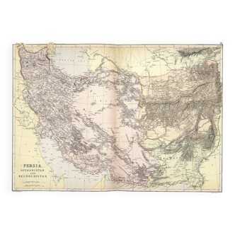 Carte antique de la perse (iran) afghanistan, baluchistan. golfe persique. carte caspienne 1886