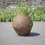 Large old basket, burgundy straw and bramble, woven basket